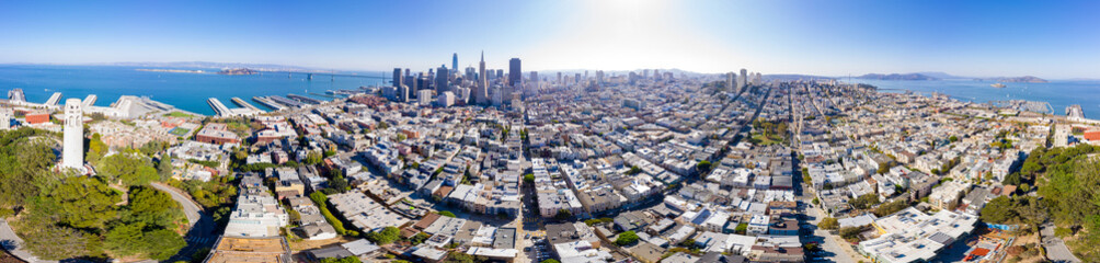 Fototapeta na wymiar Aerial: epic San Francisco Bay Area downtown. Drone view 