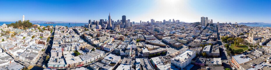 Aerial: beautiful San Francisco Bay Area cityscape. Drone view 
