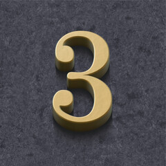 3d alphabet, set of golden numbers and symbol on grey background, 3d rendering, three