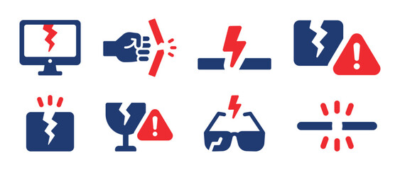 Broken different object icon set. Containing broken computer screen, break sunglasses, fragile glass and damage symbol. Vector illustration.