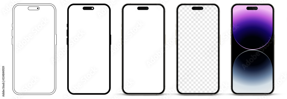 Poster 3D realistic high quality smartphone mockup with isolated background. Smart phone mockup collection. Device front view. 3D mobile phone with shadow on white background.