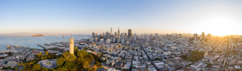 Fototapeta na wymiar Aerial: epic San Francisco cityscape during sunset. Drone view 