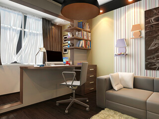 3D rendering of the design of the living room in the apartment. Interior design of a room with a home office in a modern style.