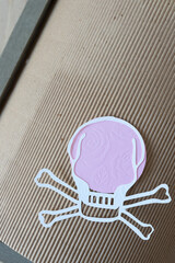 skull and crossbones on a pink circle with corrugated paper backdrop