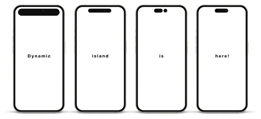 3D realistic high quality smartphone mockup with dynamic island and isolated background. Smart phone mockup collection. Device front view. 3D mobile phone with shadow on white background.