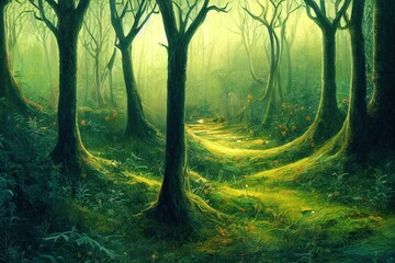 Naklejka premium fantasy forest background illustration painting. High Quality Illustration