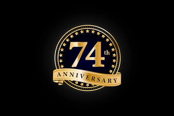 74th anniversary golden gold logo with gold ring and ribbon isolated on black background, vector design for celebration.