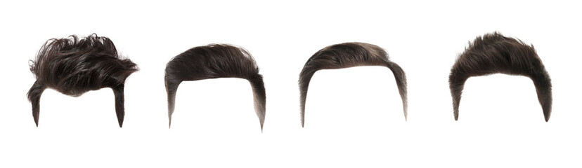 Fashionable men's hairstyles isolated on white, collage. Banner design