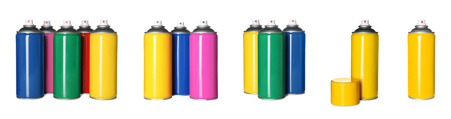 Set with colorful cans of spray paints on white background. Banner design