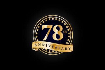 78th anniversary golden gold logo with gold ring and ribbon isolated on black background, vector design for celebration.