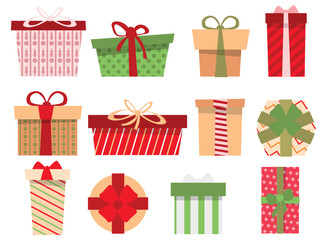 Set with many different beautiful gift boxes on white background, illustration