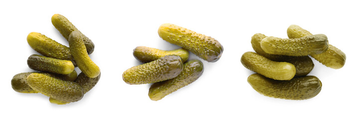 Set with tasty pickled cucumbers on white background, top view. Banner design