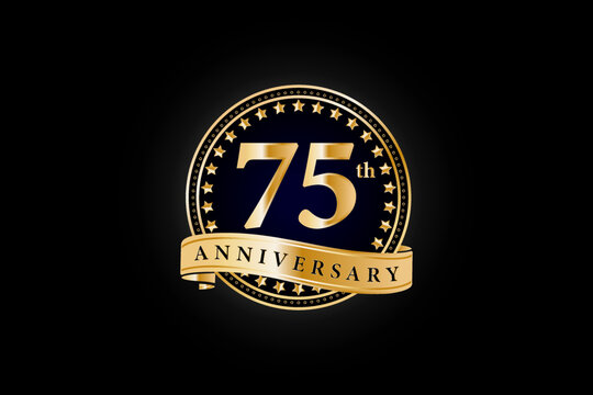75th anniversary golden gold logo with gold ring and ribbon isolated on black background, vector design for celebration.