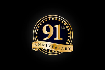 91th anniversary golden gold logo with gold ring and ribbon isolated on black background, vector design for celebration.