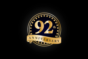 92th anniversary golden gold logo with gold ring and ribbon isolated on black background, vector design for celebration.