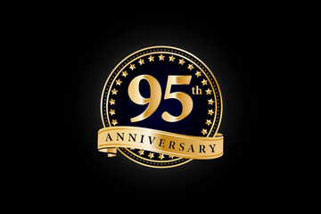 95th anniversary golden gold logo with gold ring and ribbon isolated on black background, vector design for celebration.