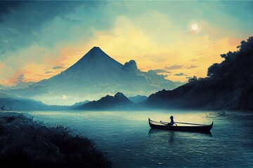 fantasy world scenery showing a boy rowing a boat in the land of volcanic, digital art style, illustration painting