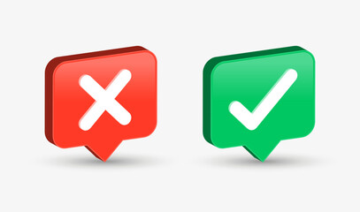 3d checkmark icon button in speech bubble. correct and incorrect sign or check mark box frame with green tick and red cross symbols - yes or no 3d icons buttons. checkbox bubbles template frame