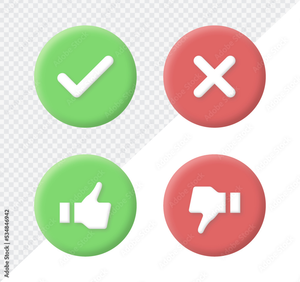 Aufkleber 3d checkmark icon button in speech bubble. correct and incorrect sign with like and dislike icon or thumbs up down icons or check mark box frame with green tick and red cross symbols. yes or no icons