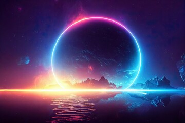 Futuristic fantasy landscape, sci fi landscape with planet, neon light, cold planet. Galaxy, unknown planet. Dark natural scene with light reflection in water. Neon space galaxy portal. 3d