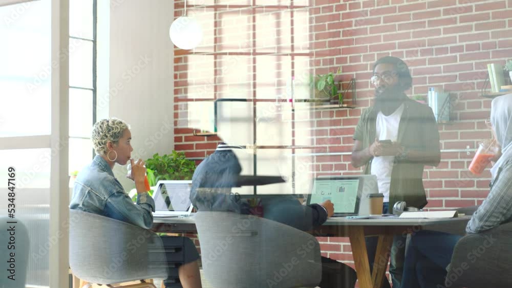 Poster business man, tech and team speaker from india in a teamwork, collaboration and strategy meeting. co