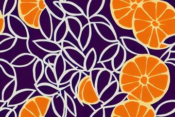 Hand drawn seamless pattern with oranges and purple leaves on blue background for textiles, wallpaper and card