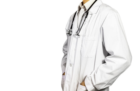 A half-standing doctor, without a face, holding a stethoscope against a white background.,stand beside