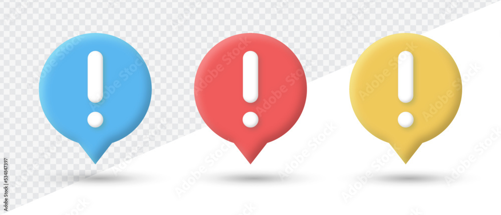 Leinwandbilder 3d exclamation mark icon button in speech bubble. attention and caution sign or danger alert problem