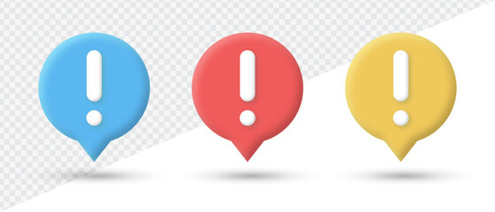 3d exclamation mark icon button in speech bubble. attention and caution sign or danger alert problem signs with yellow information icon symbol - warning 3d icons . important message bubbles template