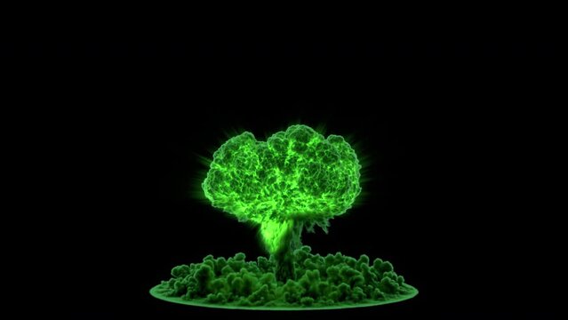 Huge radioactive acid green poison chemical nuclear bomb explosion with a mushroom cloud. Nuke weapon of mass destruction. Atomic blast with alpha channel. 4K video