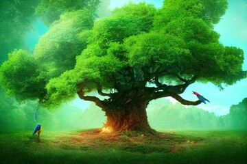 Fantasy tree with hole in the forest and parrot flying. Photo manipulation. 3d rendering.