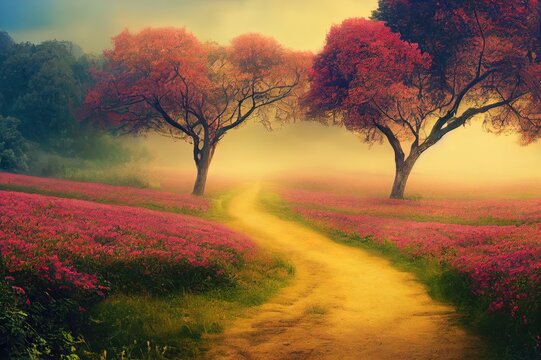 Fantasy summer panoramic photo background with rose field, trees and misty path leading to mysterious glade. Idyllic tranquil morning scene and empty copy space. Road goes across hills to fairytale.