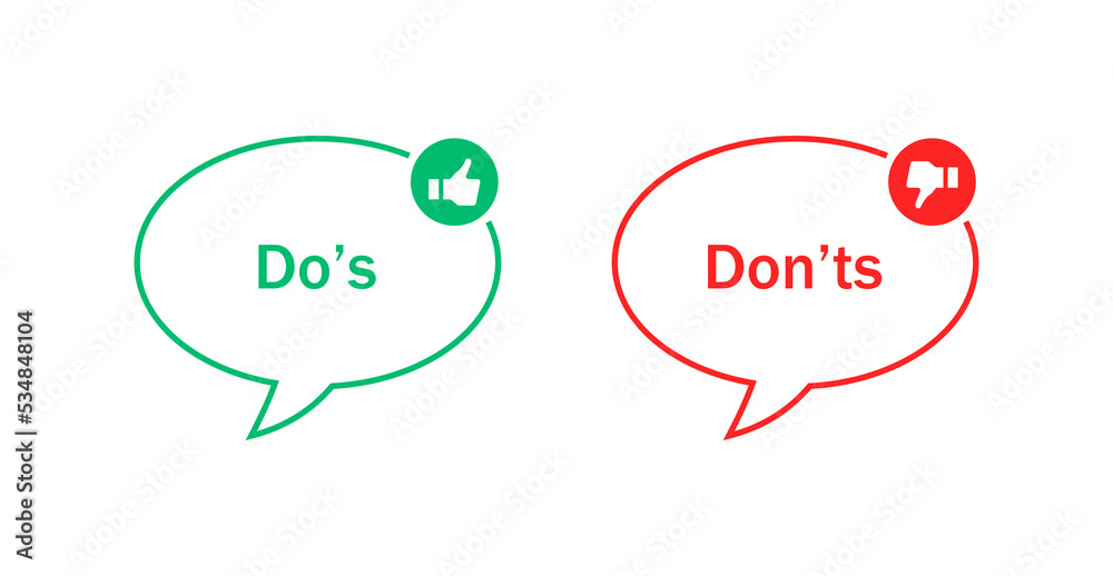 Aufkleber Dos and donts icons in speech bubble and circle button - thumbs up or thumb down icons. Like or dislike icon button - do's and don'ts frames - true or false - Dos and dont label banner