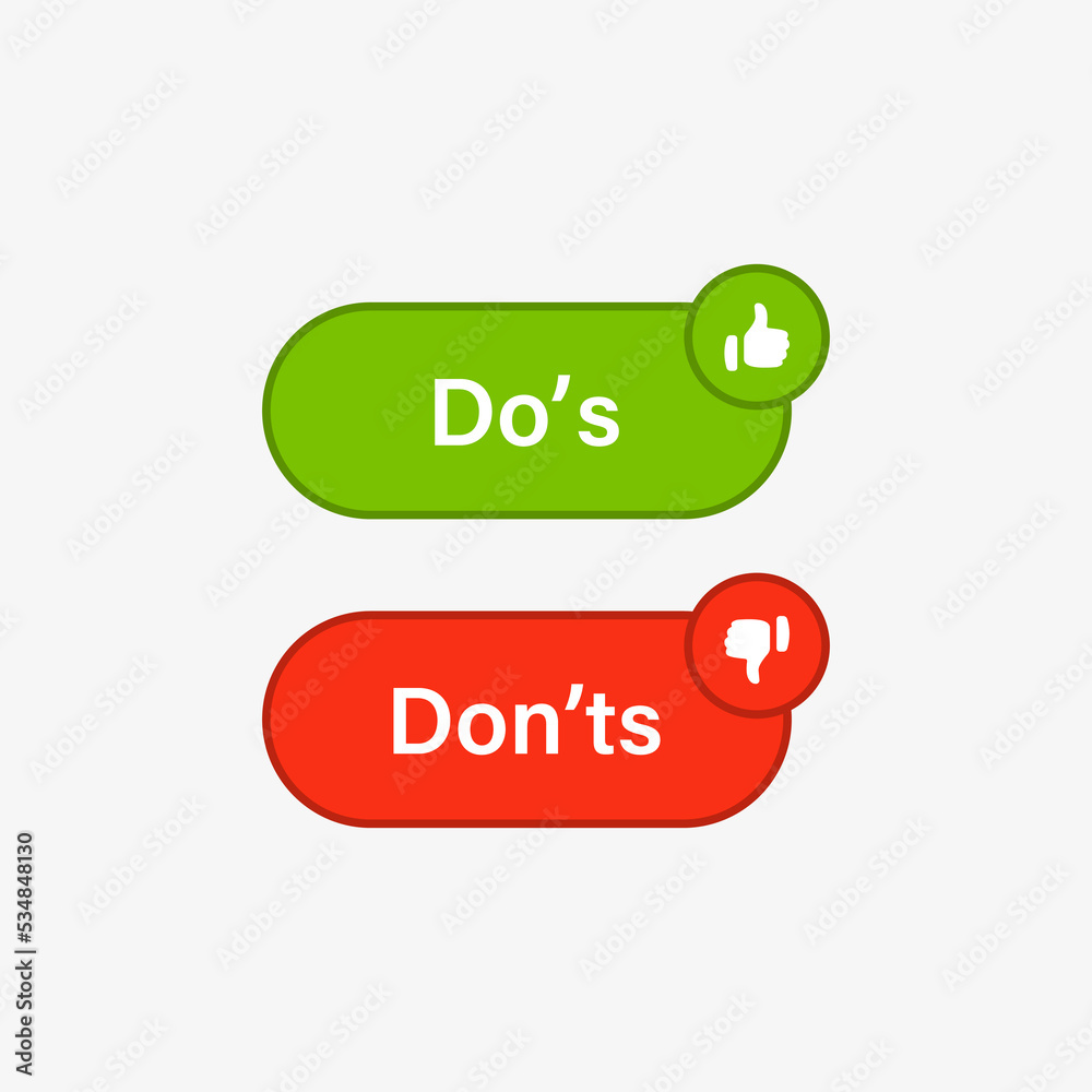 Poster Dos and donts icons in circle frame - thumbs up or thumb down icons. Like or dislike icon button - do's and don'ts frames - true or false - Dos and dont label banner