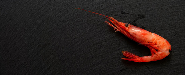 Sweet shrimp on the black slate plate. Also known as Northern shrimp....