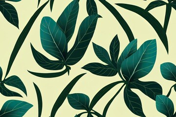 Original tropical seamless pattern with bright exotic plants and leaves on a dark background. Seamless exotic pattern with tropical plants. Hawaiian style.