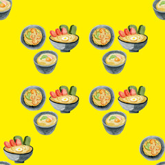 Asian Food, Hand Drawn Watercolor Illustration. Japanese Food, Illustration With Sushi, Noodles, Japanese Tea, Udon, Tofu, Yakitori and Tempura.