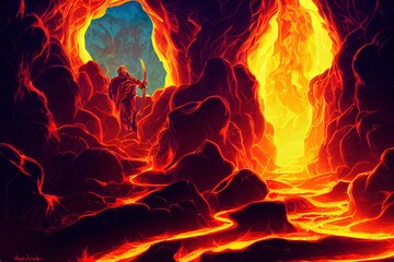 knight with a sword facing the lava demon in hell, digital art style, illustration painting