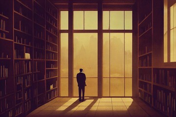 Fototapeta na wymiar man standing in a mysterious library, digital art style, illustration painting