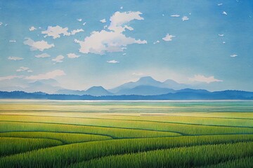 Rice field landscape. watercolor painting on white background.