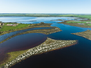 Aerial view of salt lakes (Lake Ninan) in the Wongan Hill area of the Wheatbelt region of Western Australia