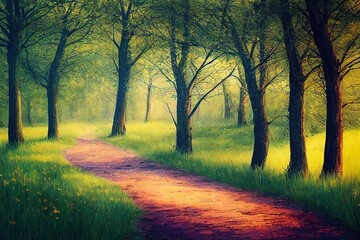 Path in green grass near spring forest. Springtime mystery landscape with footpath and blossom trees in dreaming woodland. Country dirt road through summer enchanted woods, tranquility scenery