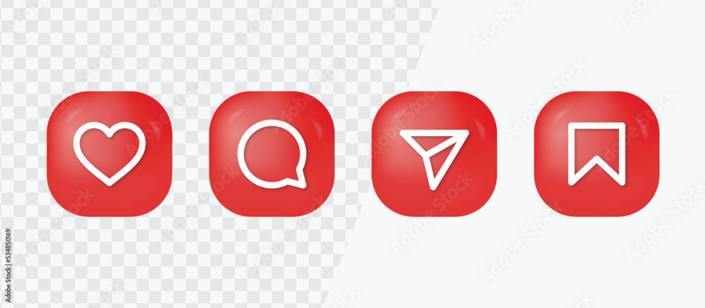 Poster 3d social media notification icons, like love comment share buttons in 3d modern style, thumb up and
