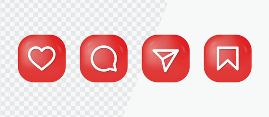 3d social media notification icons, Like love comment share buttons in 3d modern style, Thumb up and heart icon. like, forward, comment repost icon