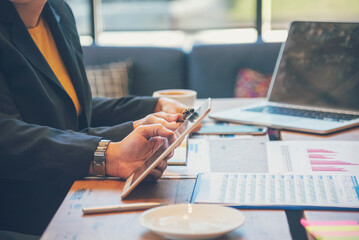 Business strategy team report chart, graph, infographic data analyze financial report plan. Hands...