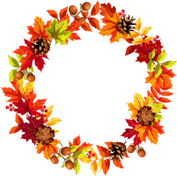Autumn leaf wreath with colorful autumn leaves, pinecones, and rowanberries. Greeting or invitation card design. Vector circle frame