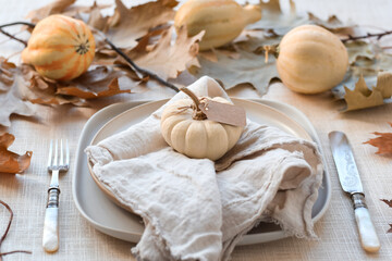 Plate set and decorated for Thanksgiving dinner