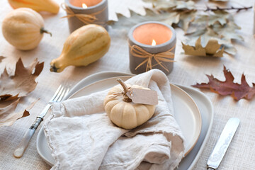 Table with plates set and decorated for Thanksgiving dinner