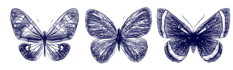 Set of butterflies drawn with a blue pen isolated on a white