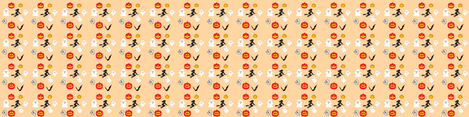 Halloween background with funny pumpkins, ghost, bat and witch. Vector